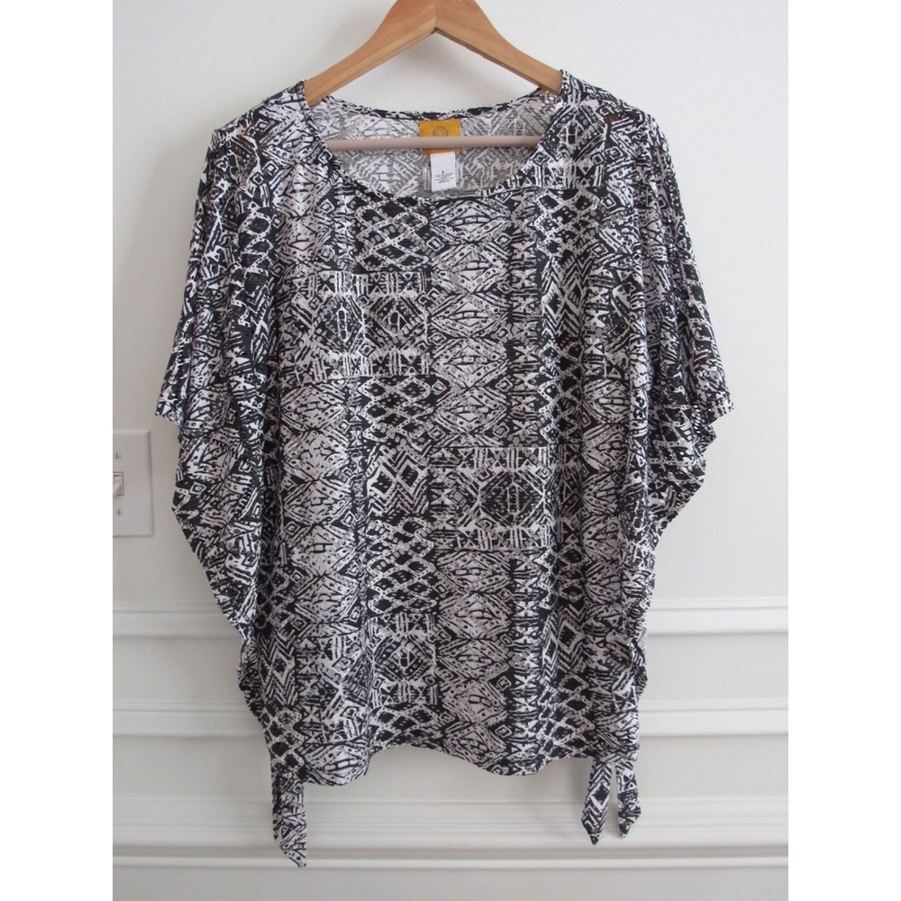 Ruby Rd Womens Black White Geometric Tribal Burnout Dolman Top with Liner Large